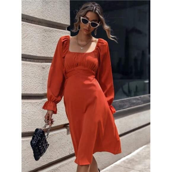 Square Neck Flounce Sleeve Midi Dress - Picture 3 of 4